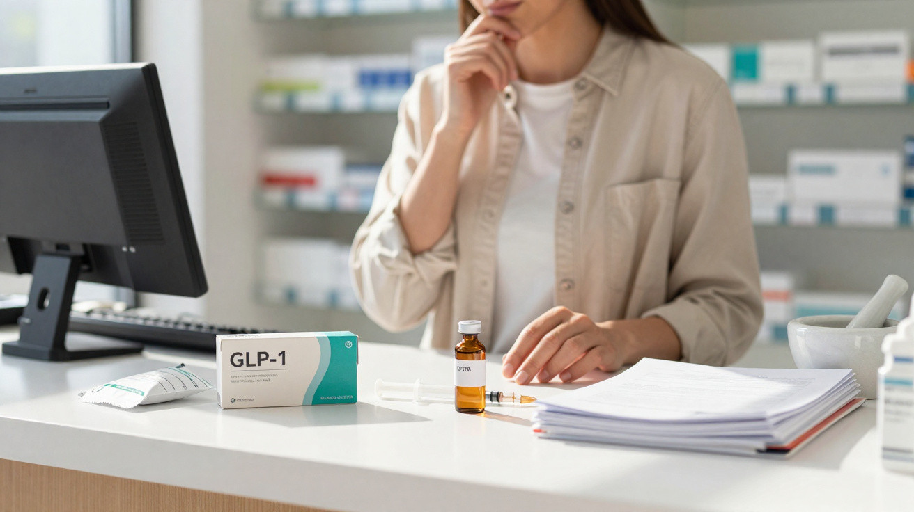 Person in a pharmacy considering GLP-1 medication with syringe, documents, and computer on the counter.