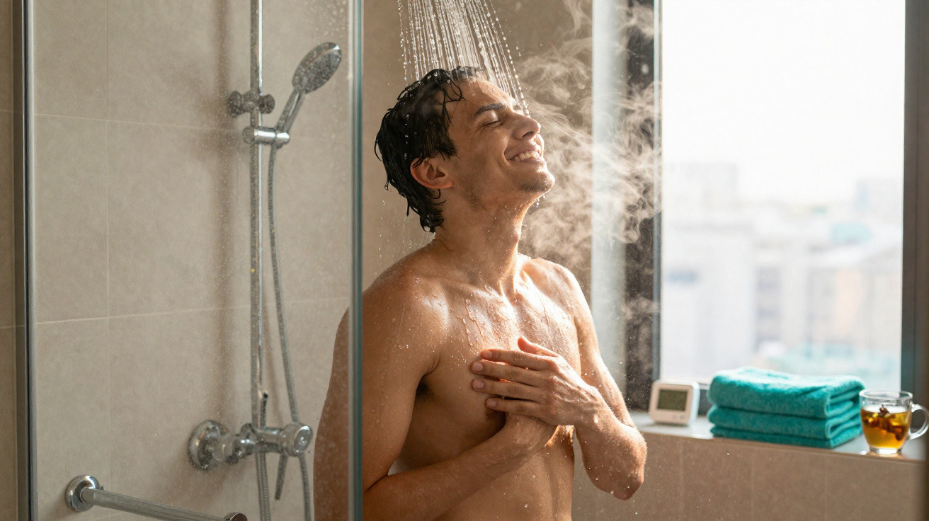 Man enjoying a hot shower with steam in a modern bathroom next to a window with folded towels and a cup.