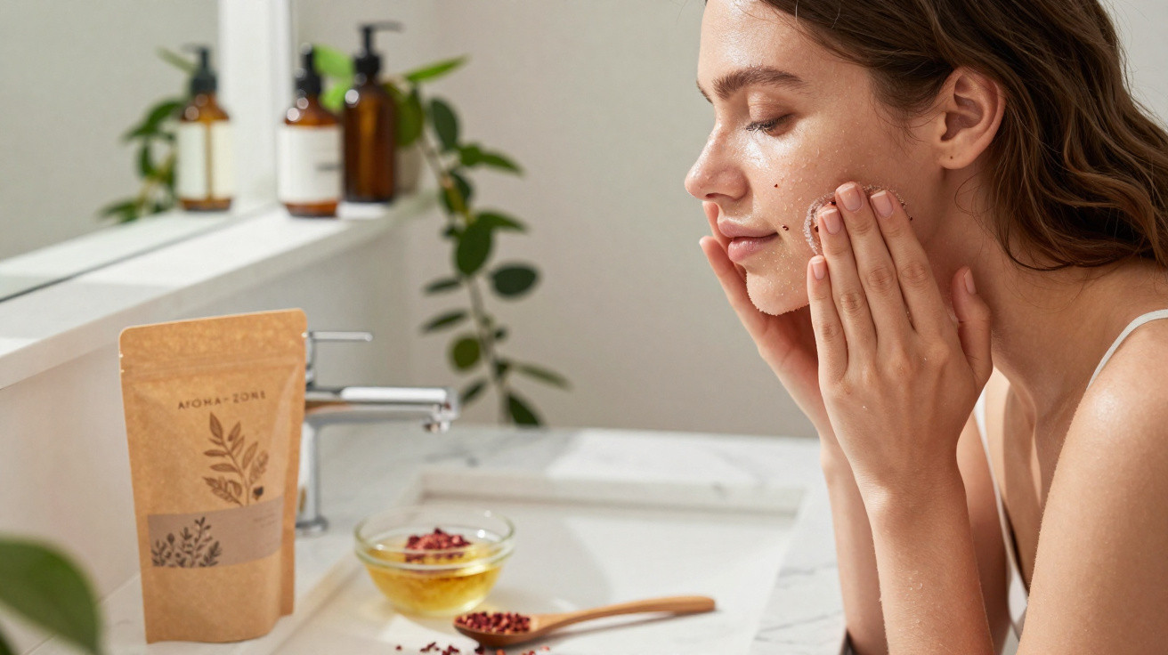 Woman gently applying facial cleanser in a bright bathroom with skincare products on the counter.