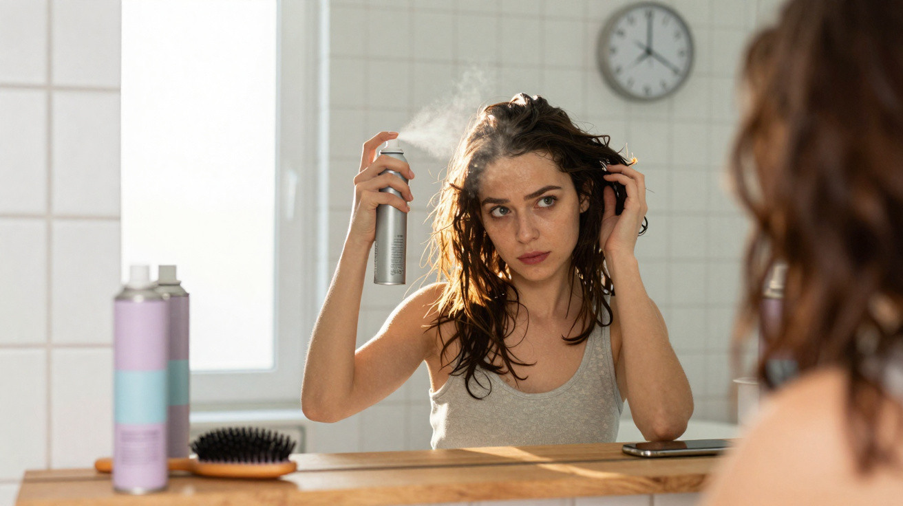 Woman spraying hair spray on her wet hair while looking in the mirror in a bright bathroom.