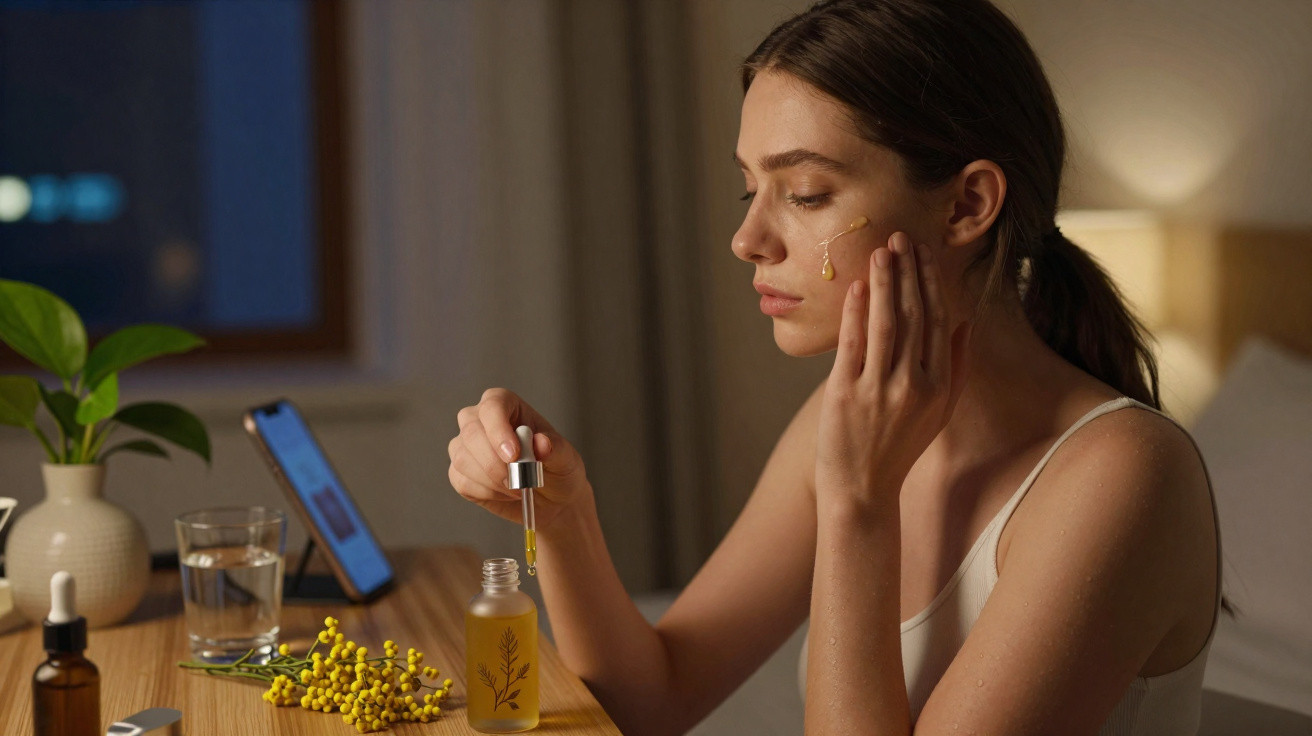 Woman applying facial oil serum at a wooden table with yellow flowers and a smartphone in the background