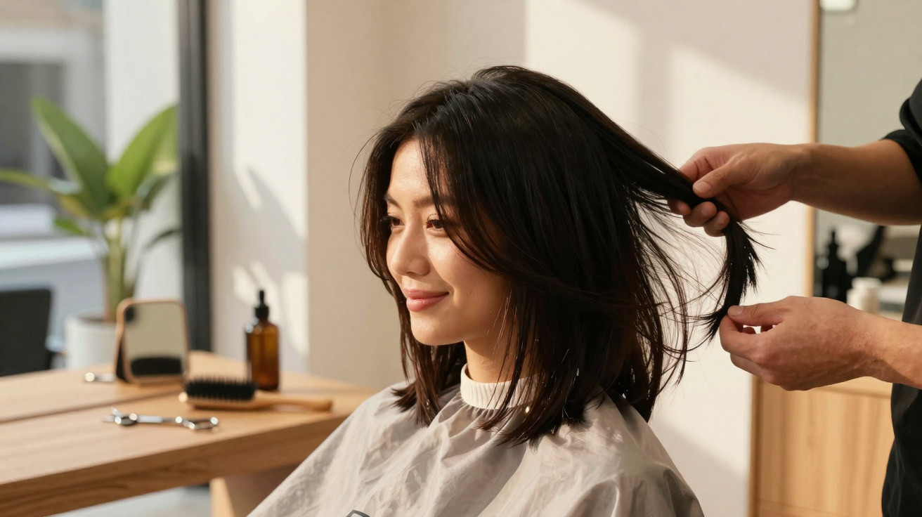 Woman with medium-length dark hair smiling while hairstylist adjusts her hair in a bright salon.
