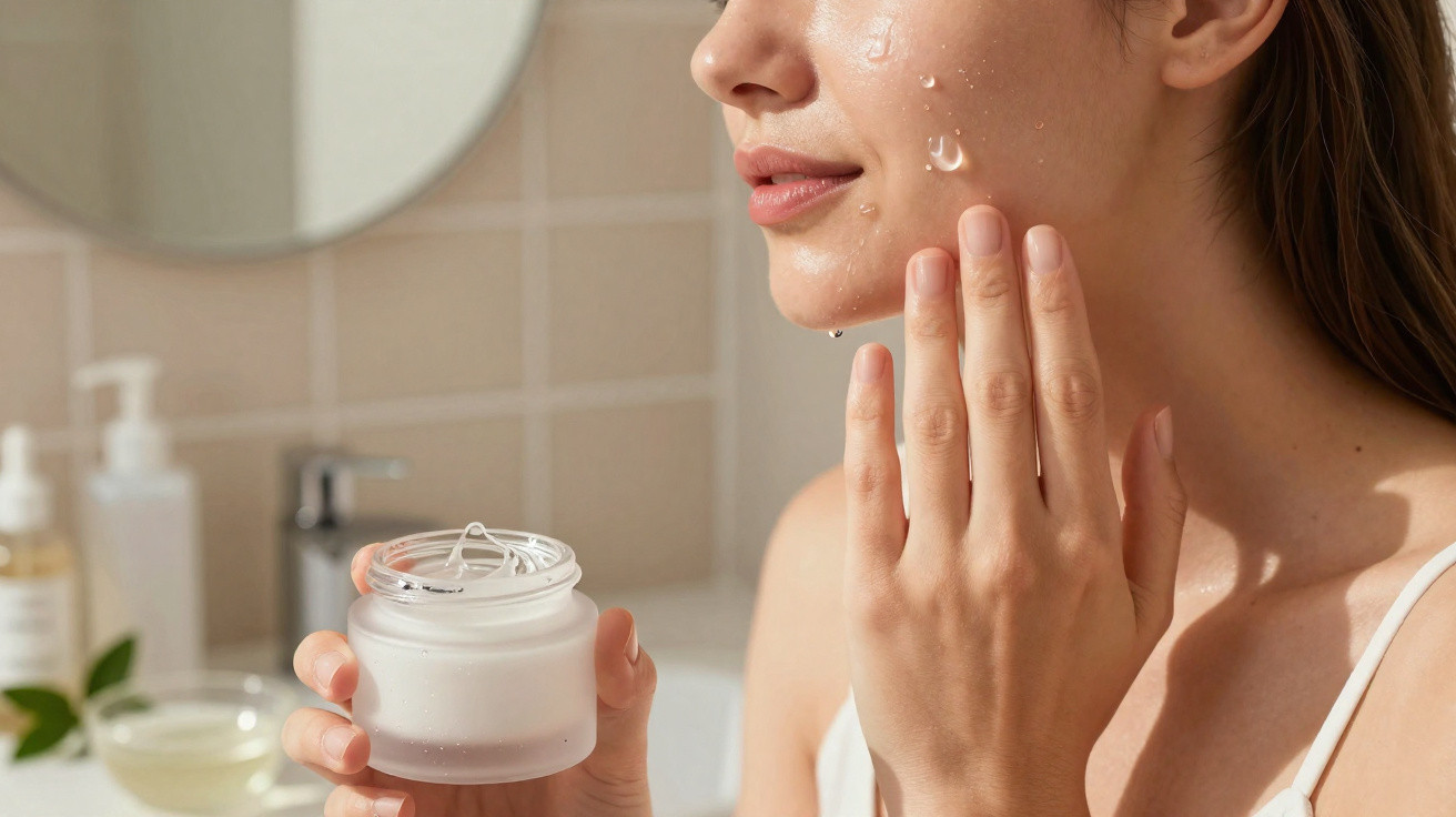 Woman applying clear gel skincare on her cheek in a bright, tiled bathroom.