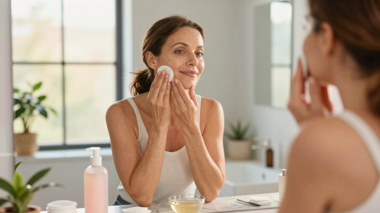 Middle-aged woman applying skincare with cotton pad while looking in bathroom mirror