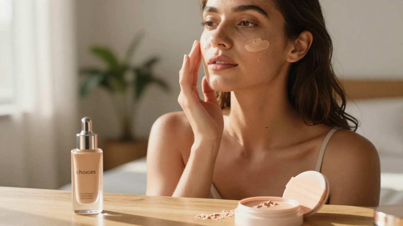 Young woman applies foundation on cheek with makeup products on table in natural light room.