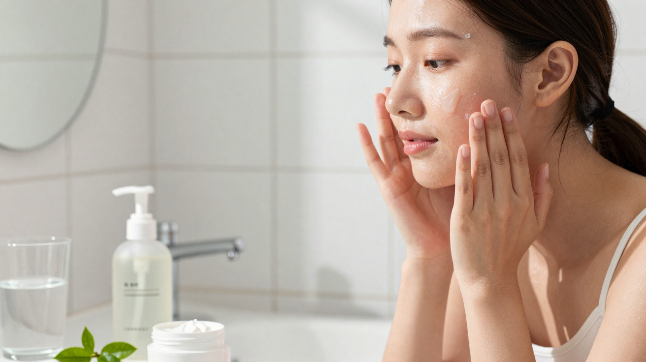 Young woman applying facial cream in a bright bathroom with skincare products on the sink.