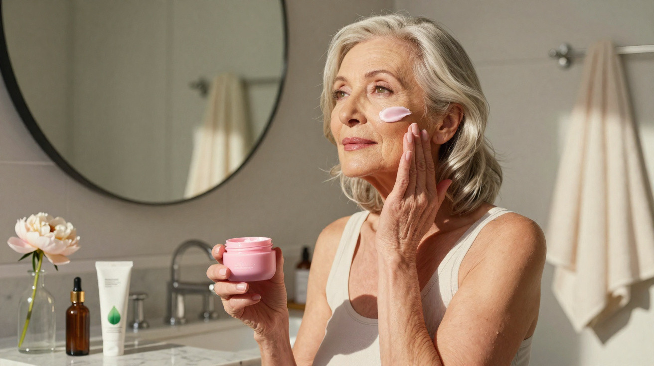 Mature woman applying pink face cream in bathroom with mirror and skincare products in the background.
