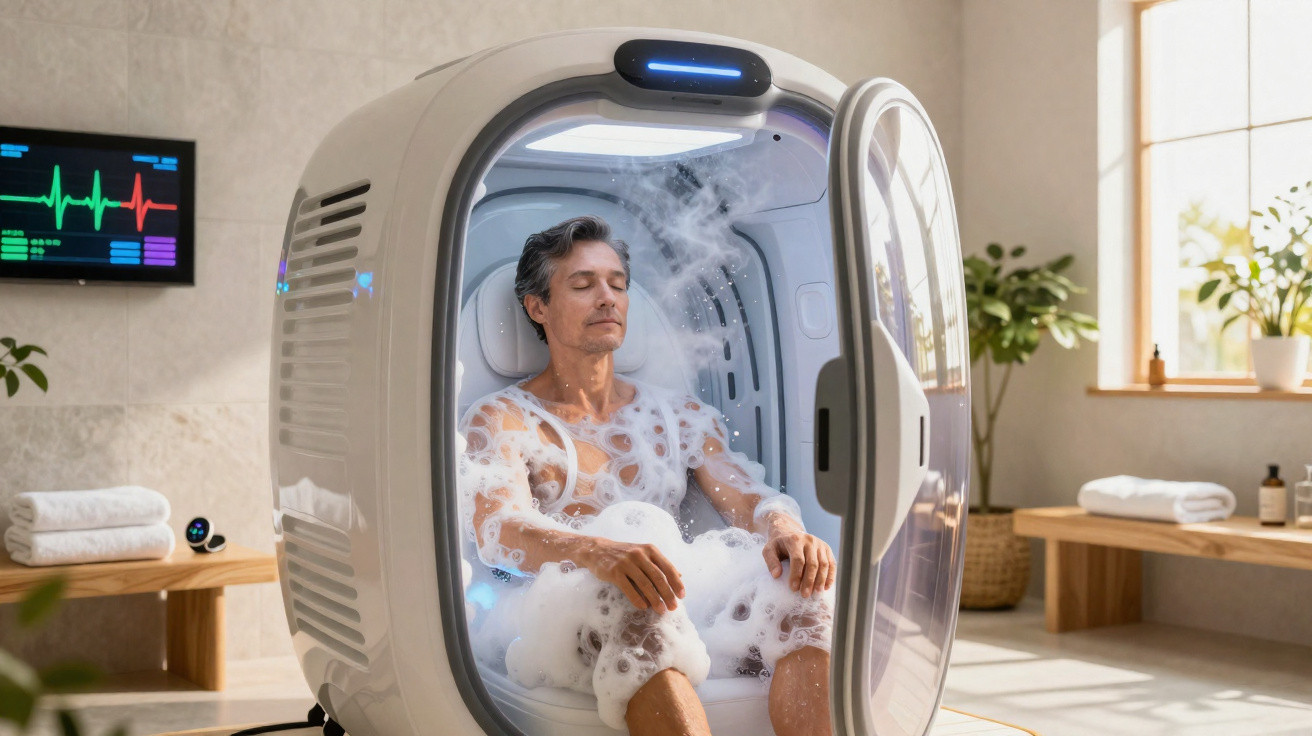Man relaxing inside a high-tech steam or bubble therapy pod in a bright, modern spa room.