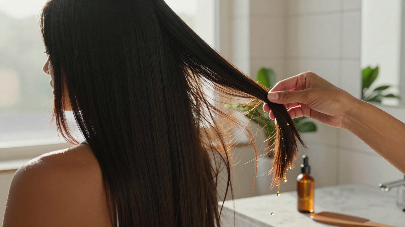 Person holding wet long dark hair with drops falling in a bright bathroom with a bottle and comb on the counter.