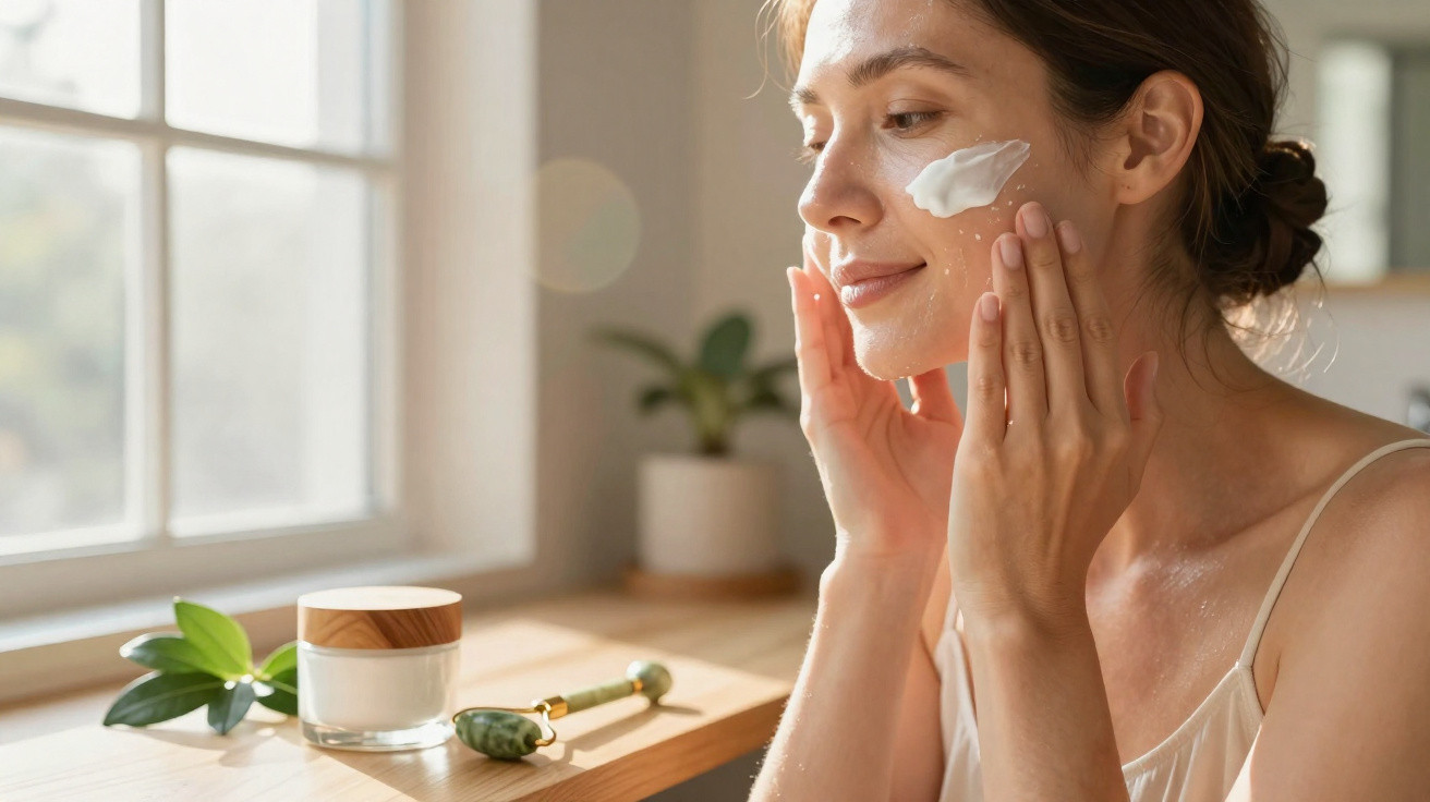 Woman applying face cream in a sunlit room with a jar of cream and a jade roller on the table.