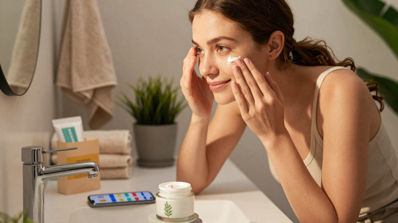 Woman applying face cream in a bright bathroom with plants and a phone on the sink counter.