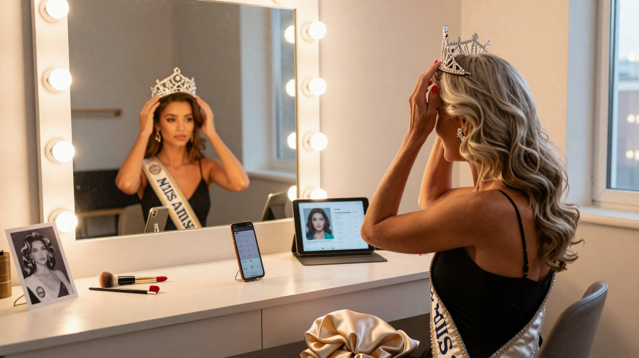 Woman wearing a sash and crown adjusting her tiara in front of a mirror at a dressing table with makeup and devices.
