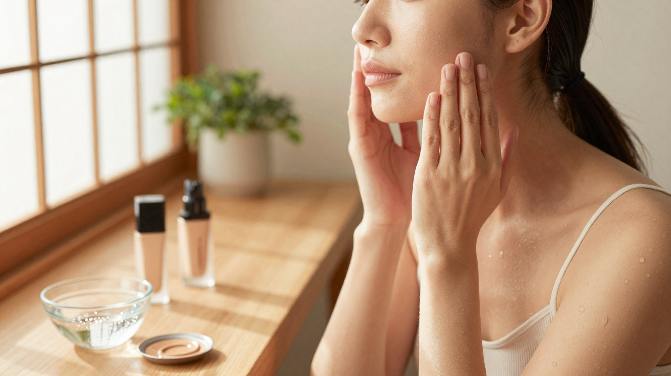 Woman applying skincare on her face next to window with cosmetic products on wooden surface.