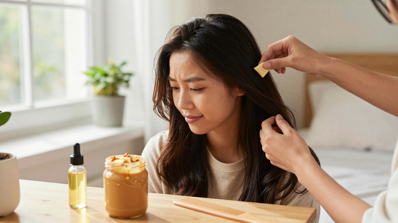 Woman looking uncomfortable as someone removes a bug from her hair using a lice comb.