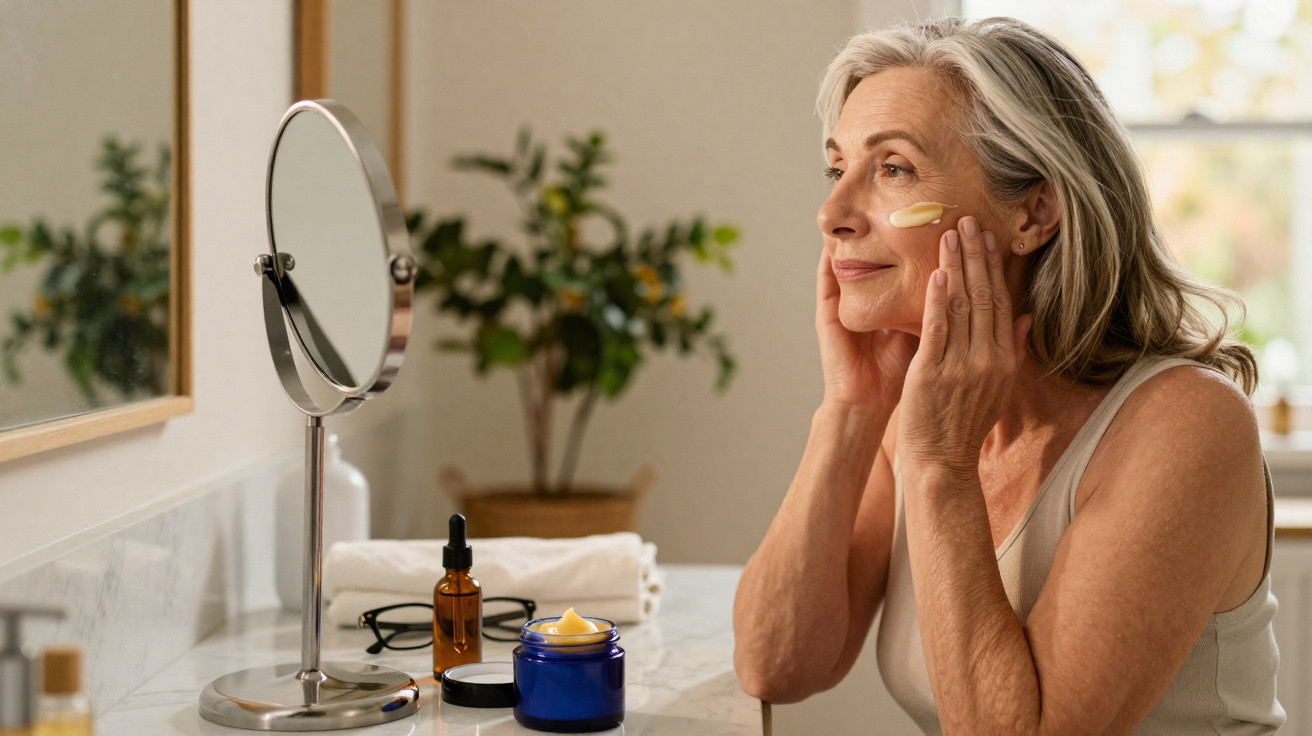 Older woman applying face cream in bathroom, seated at counter with mirror and skincare products nearby.