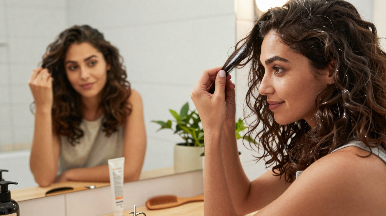 Woman with curly hair styling a strand in front of a bathroom mirror with grooming products visible.
