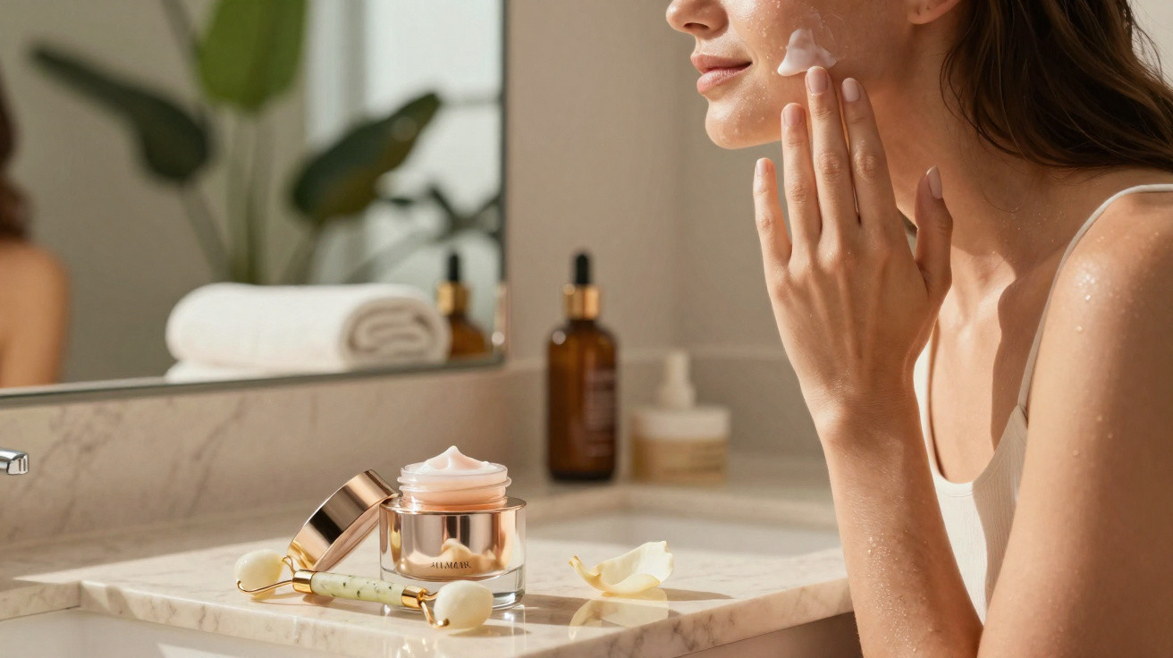 Woman applying moisturiser on her cheek at a marble bathroom counter with skincare products and a roller.