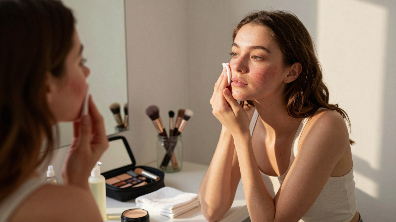 Young woman cleansing or applying skincare to her face using a cotton pad in front of a mirror at a vanity table.