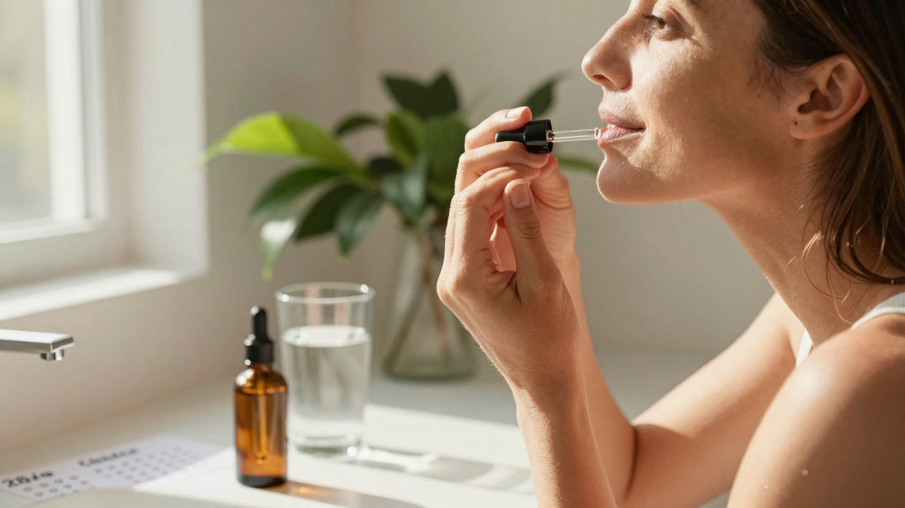 Woman applying facial serum using a dropper in a bright room with plants and a glass of water nearby.