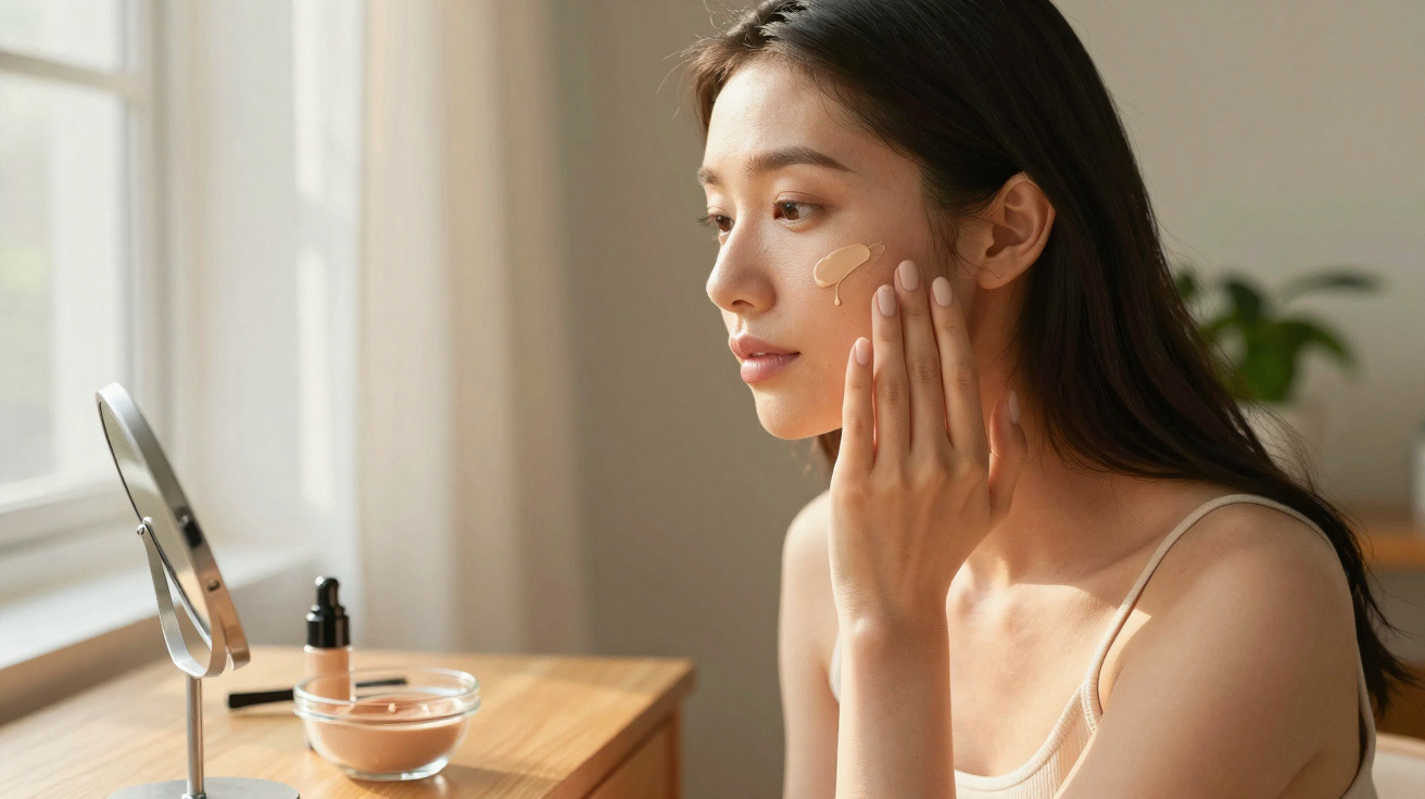 Young woman applying foundation makeup while looking into a mirror on a wooden table by the window