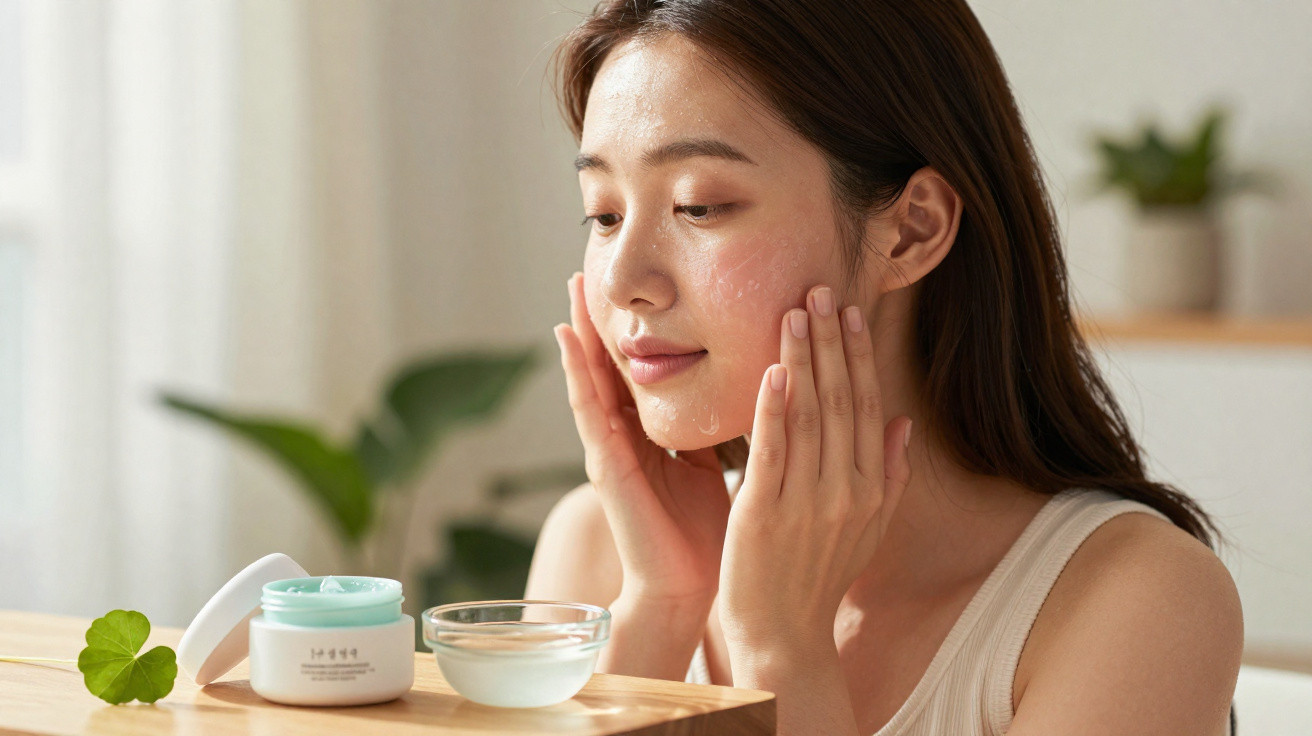 Young woman gently applying facial cream in a bright room with plants in the background.