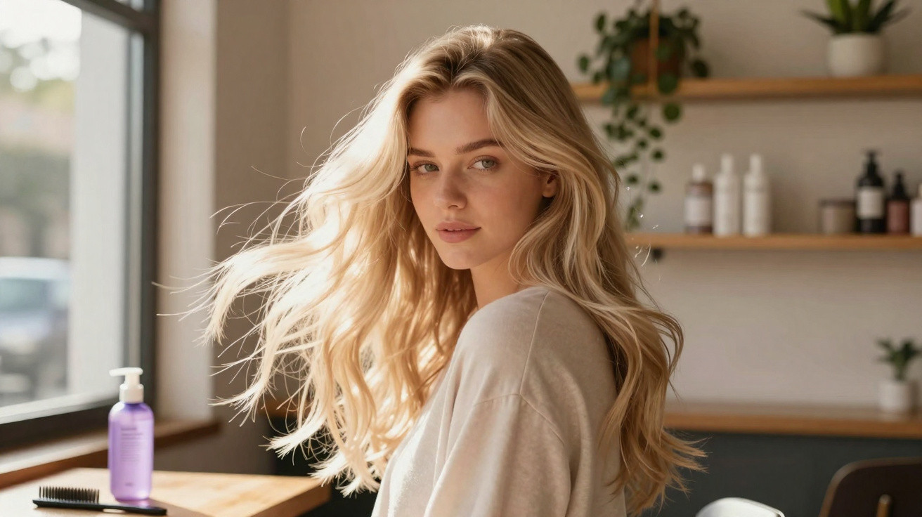 Blonde woman with flowing hair looking over shoulder in a sunlit room with shelves and plants in the background.