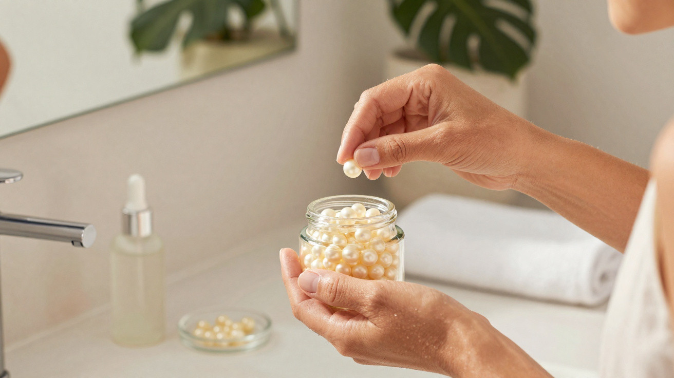 Person holding a jar of pearl-like skincare capsules in a bathroom with a towel and plant in the background.