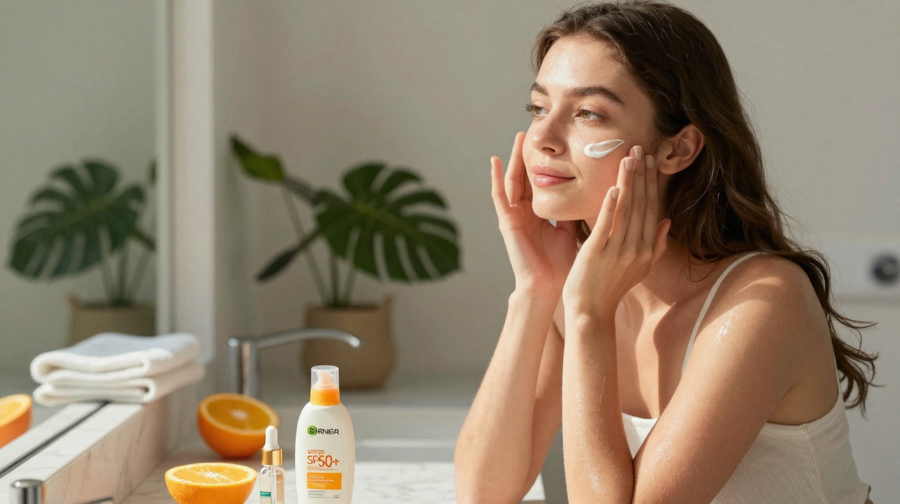 Young woman in white top applying suncream in bright bathroom with skincare products on countertop.