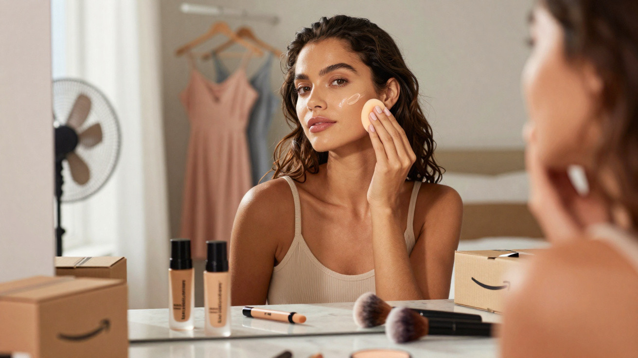 Woman applying foundation with a makeup sponge in front of a mirror, surrounded by makeup products and packaging.