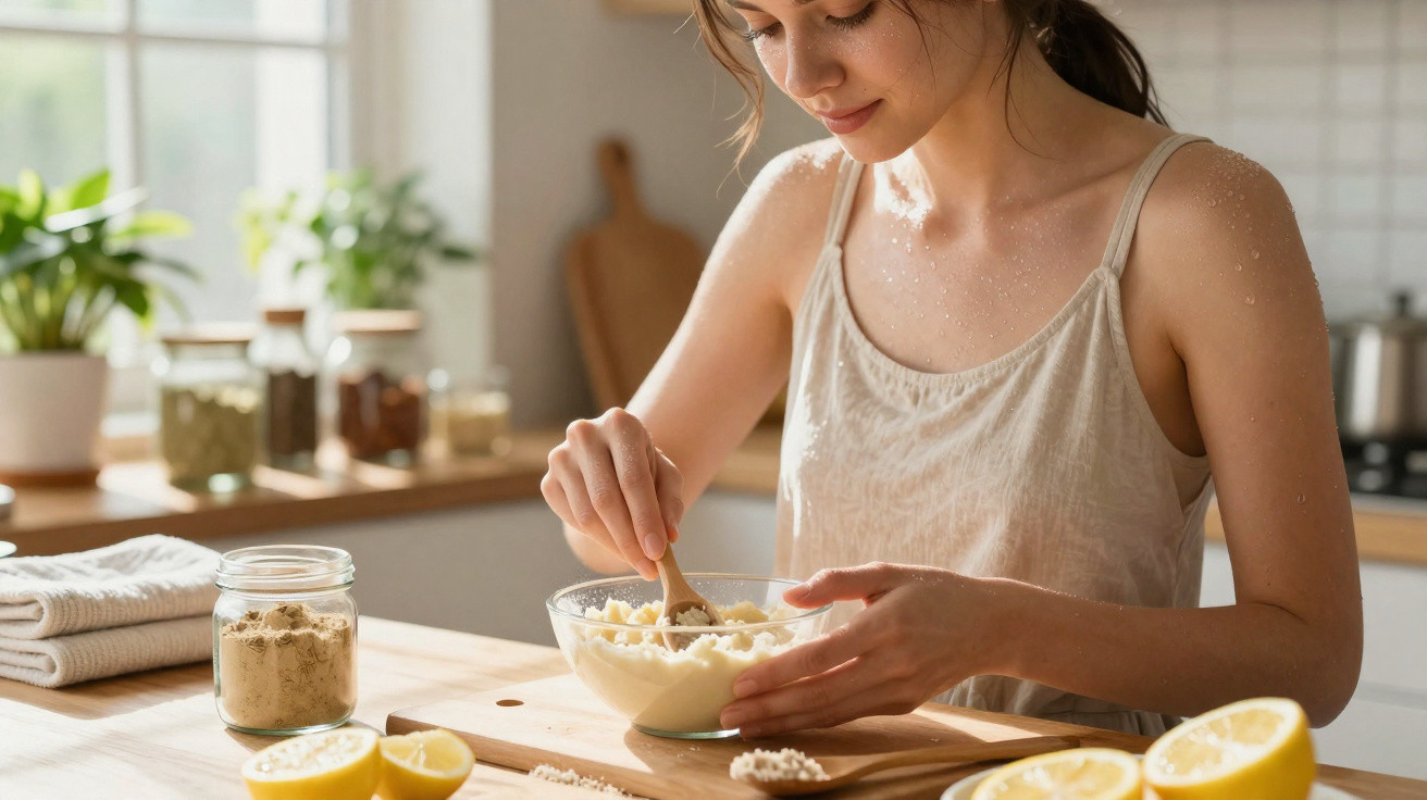 Young woman mixing ingredients in a glass bowl in a bright kitchen with lemons on the table.