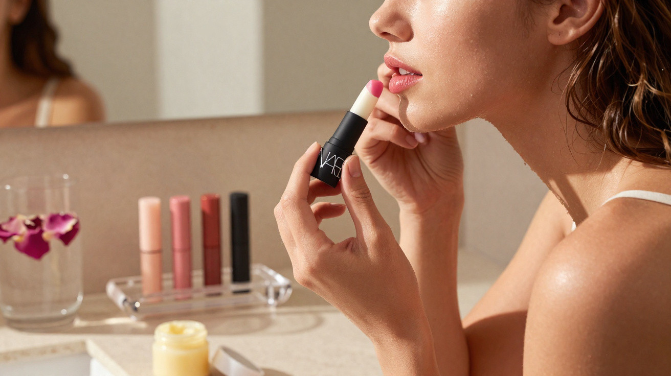 Woman applying pink lipstick in front of a bathroom mirror with lipsticks and a flower vase on the counter.
