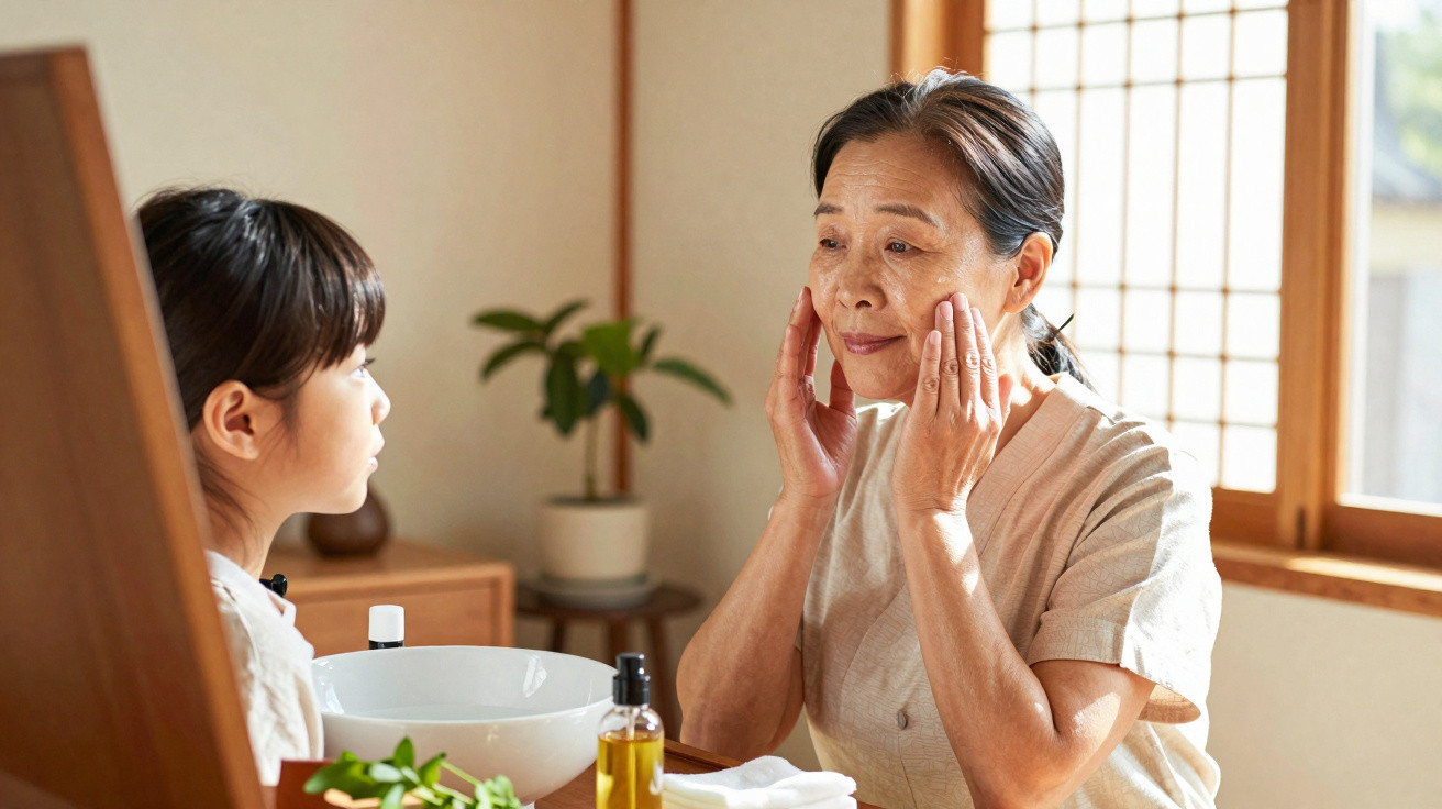 Senior woman demonstrating skincare routine to young girl in a bright traditional room with plants and wooden accents.