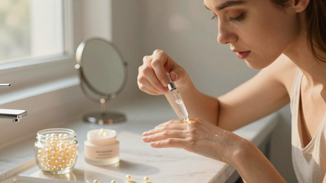 Woman applying serum dropper to the back of her hand at a bright vanity with skincare products nearby.