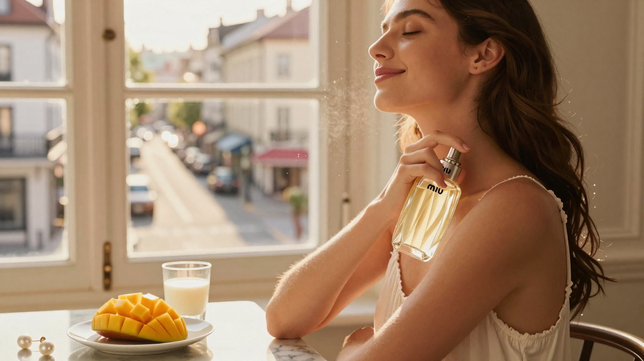 Woman with eyes closed spraying perfume on neck at a sunlit window with mango and milk on table.