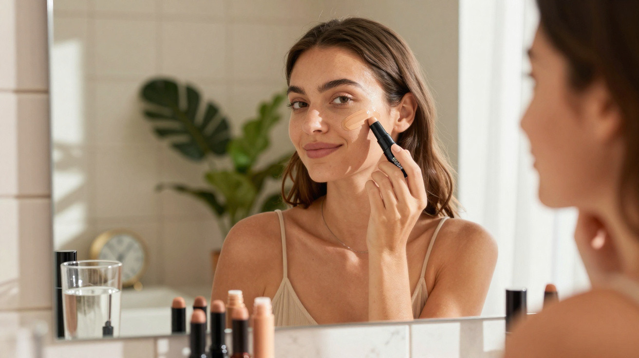 Young woman applying foundation with a makeup stick in front of a bathroom mirror.