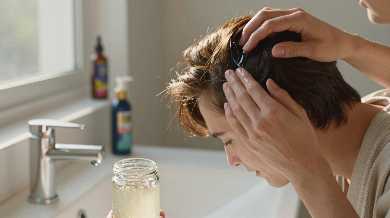 Person applying hair treatment from a jar while sitting by a bathroom sink with shampoo bottles in the background.