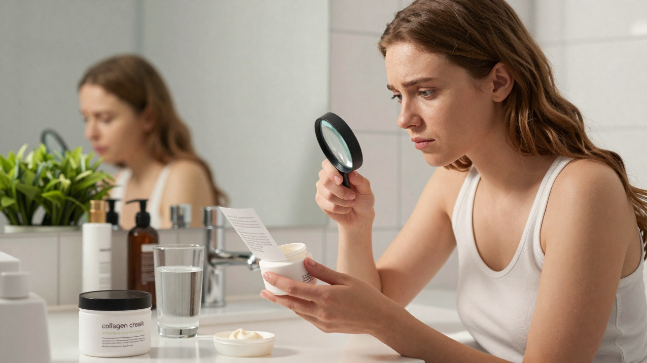 Woman in white tank top reading skincare product label with magnifying glass in bathroom.