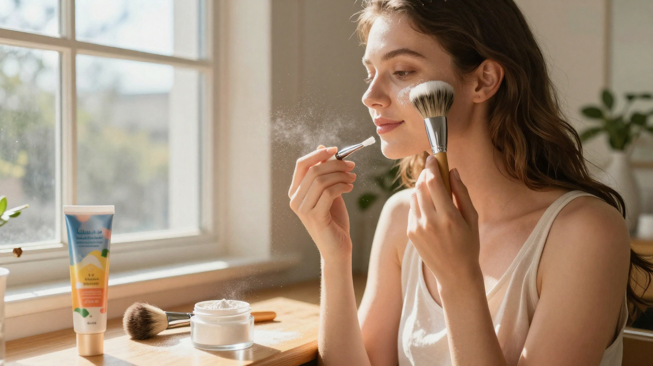 Woman applying face powder with a brush near a window in natural daylight on a wooden surface.