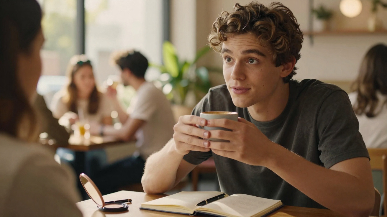 Young man holding a mug and looking attentively at a person across the table in a café.