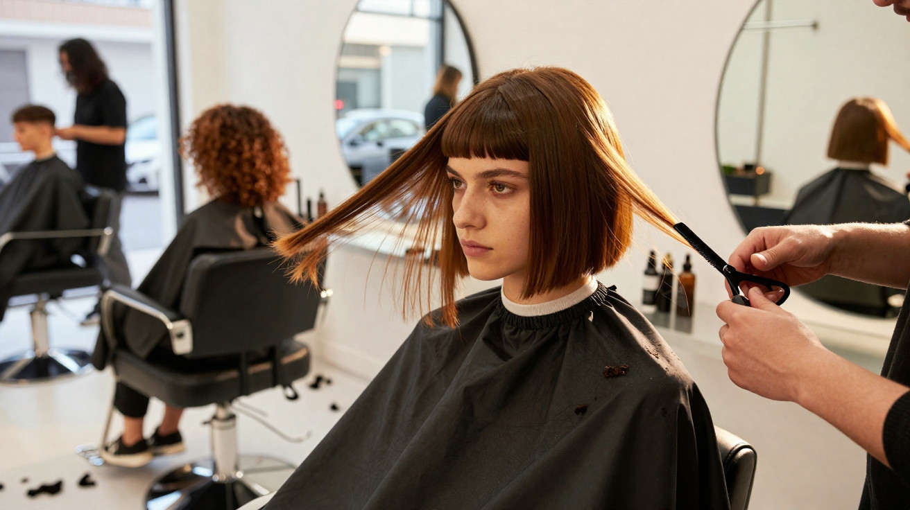 Woman with short brown hair getting a precise haircut in a modern hair salon with other clients in the background
