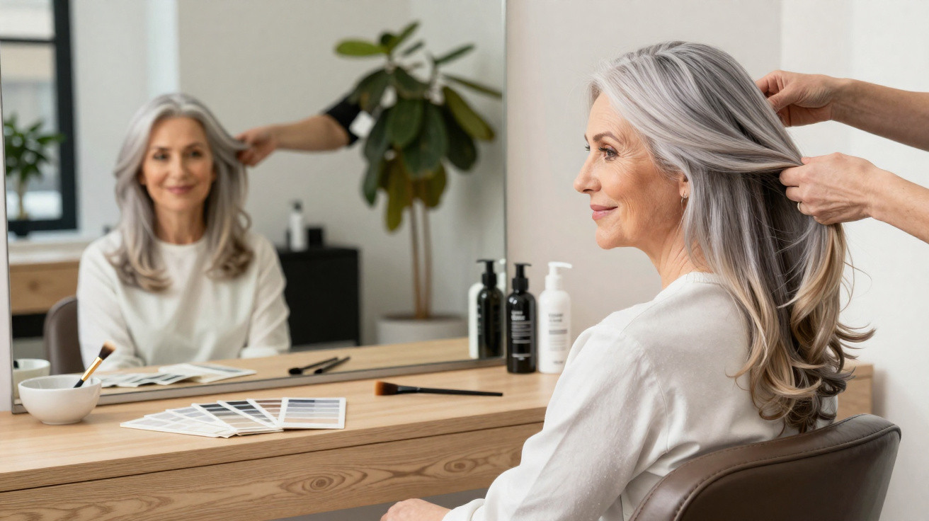 Hairdresser styling an older woman’s long grey hair in a salon with products and colour swatches on the table.