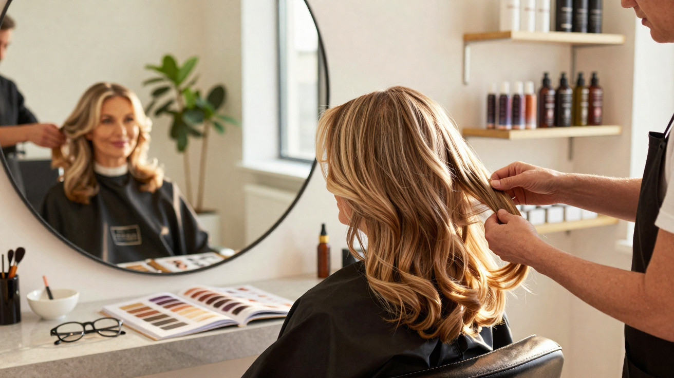 Woman with blonde hair getting a hairstyling treatment in a modern salon with colour charts and products on the counter.