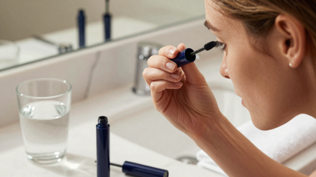 Person applying mascara on eyelashes in front of a bathroom mirror with a glass of water nearby.