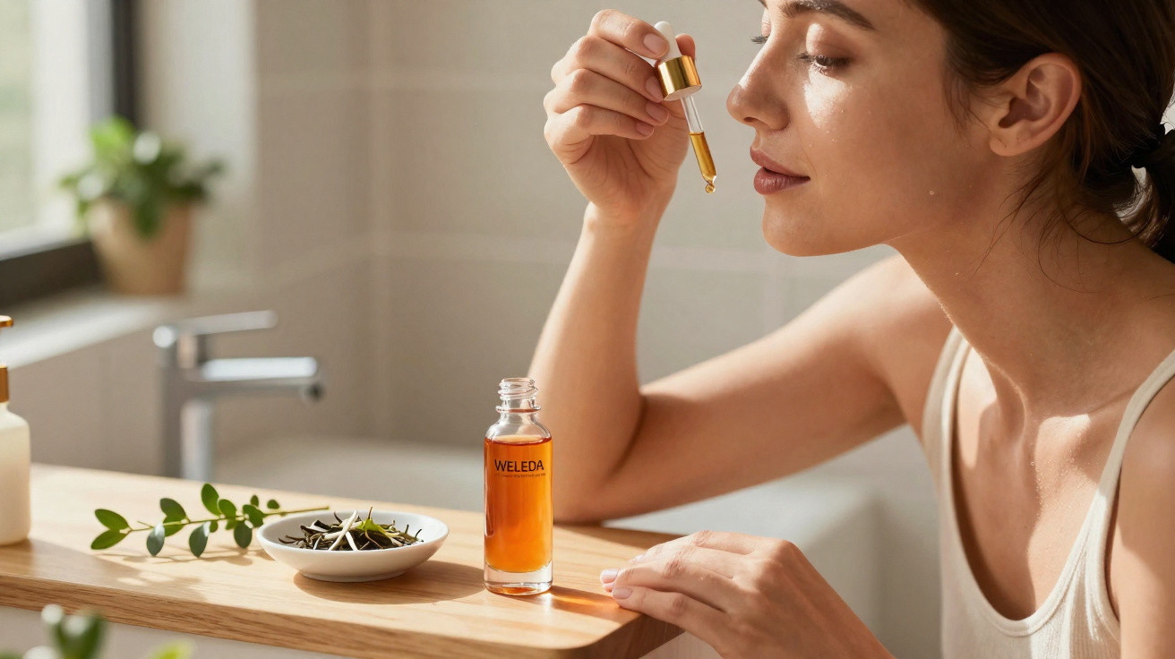 Woman holding a dropper with facial oil near her cheek in a bright bathroom setting.