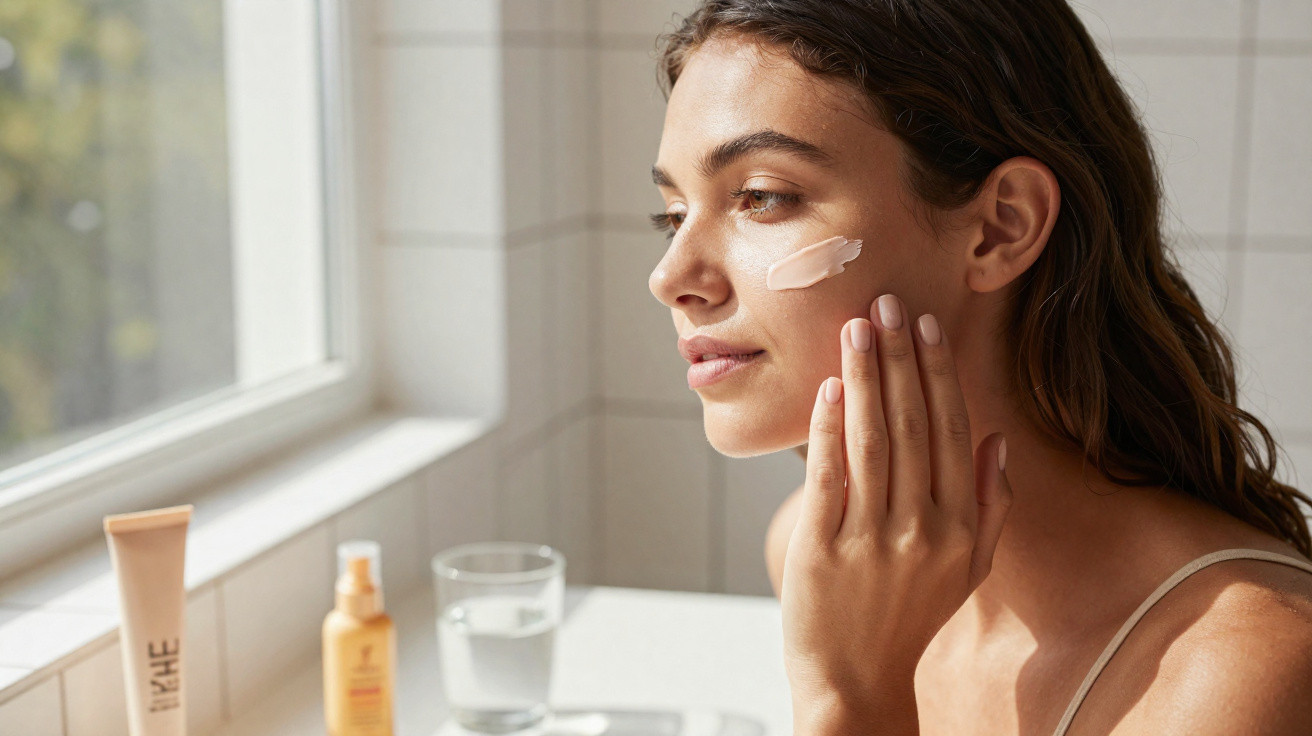 Woman applying cream to her cheek in a bright bathroom by a window with skincare products nearby.