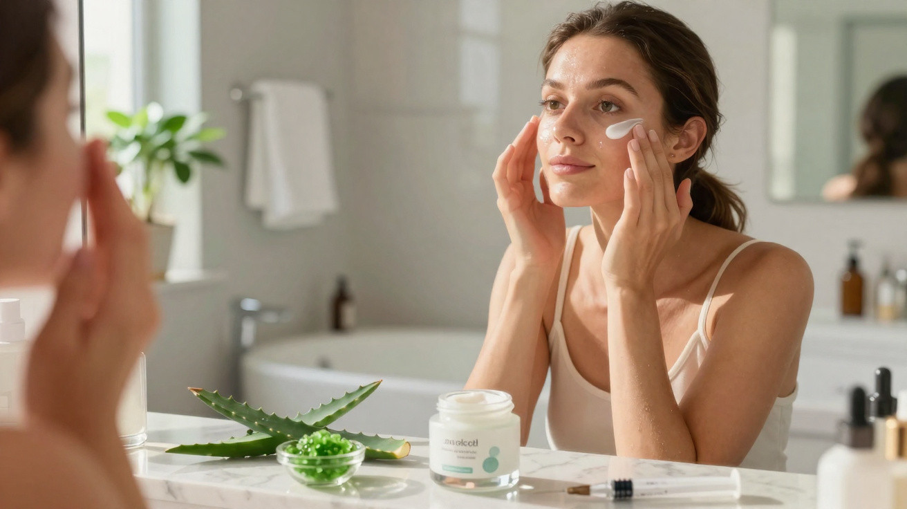 Woman applying face cream in bathroom with aloe vera and skincare products on the counter.