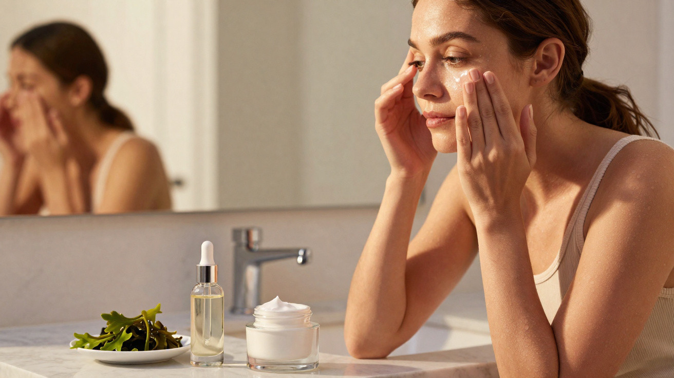 Woman applying cream to her face in a bathroom with skincare products on the counter and her reflection in the mirror.