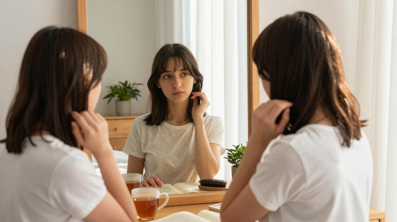 Young woman in a white t-shirt sitting at a dressing table, looking thoughtfully into a mirror with a tea cup nearby.