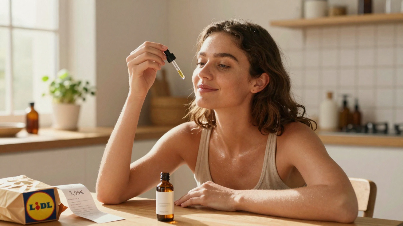 Young woman sitting at kitchen table applying facial oil from a dropper bottle with Lidl packaging nearby.