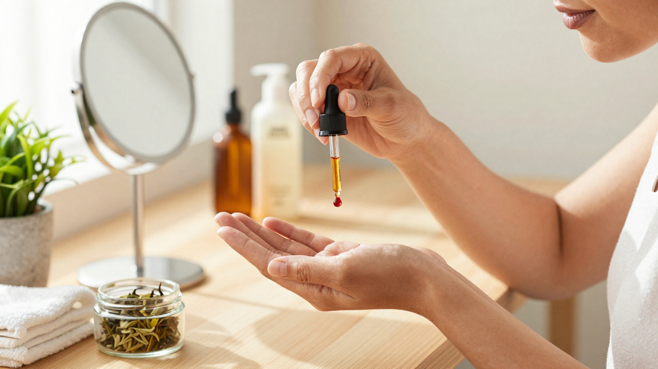 Person applying facial serum with dropper over palm at wooden vanity table with mirror and skincare products.